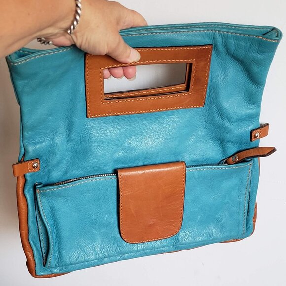 Vintage MODA in ITALIA Convertible 3in1 Leather Clutch Handbag Turquoise Cognac - Picture 2 of 13